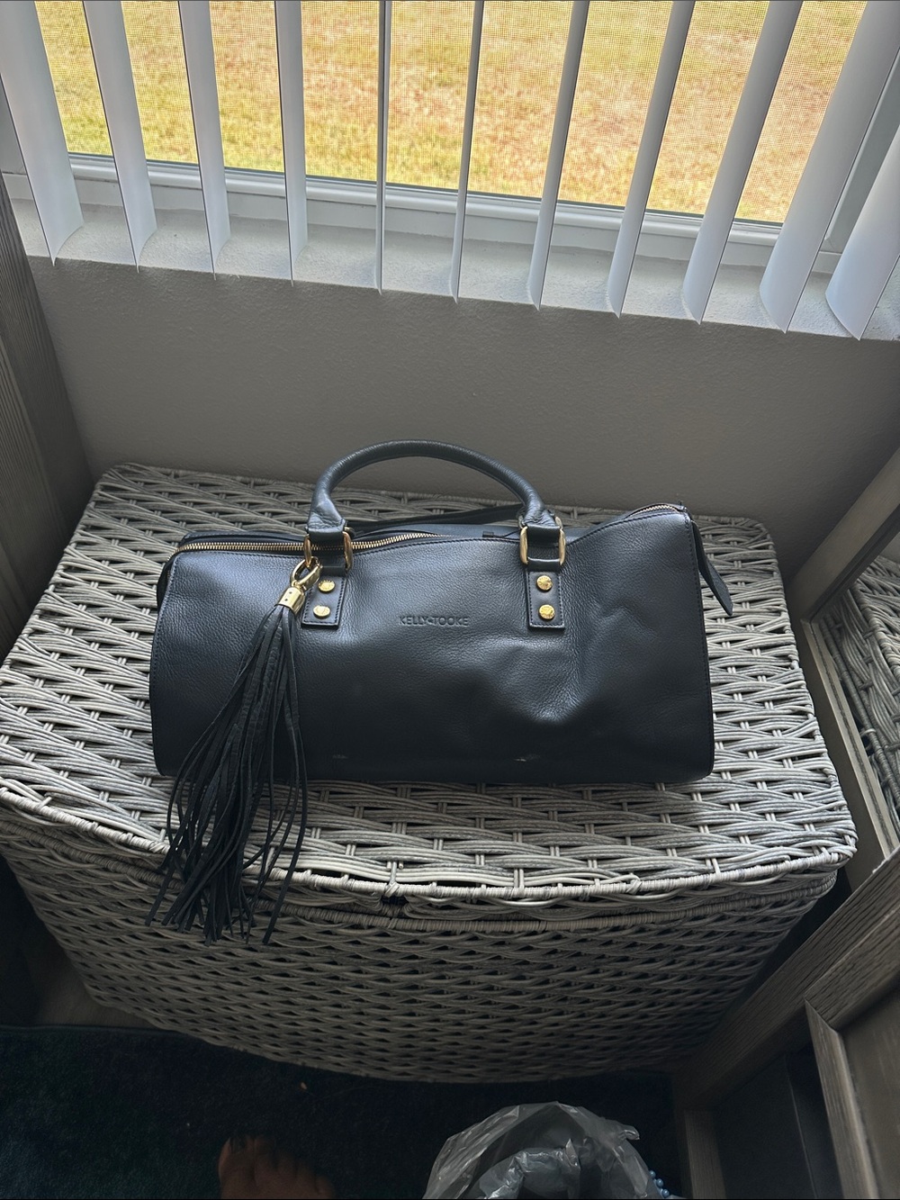 NavPebbled Leather Barrel Travel Bag with Tassel